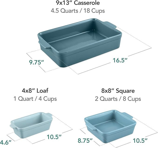 Best Choice Products 3-Piece Ceramic Bakeware Set, Stoneware Baking Dishes, Porcelain Casserole Bakeware Dishes, Serving Dishes - 9x12 Casserole, Loaf Pan, 8x8 Baking Dish - Cornflower Blue