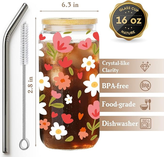 Cute Pink Flower Drinking Glass Cups with Lid and Straw Gifts for Women Daughter Niece Friends,Floral Daisy Wildflower Ice Coffee Glass Cup Gifts for Birthday Christmas,Coffee Lover Gift for Her