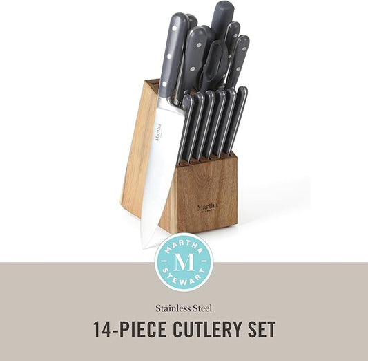 MARTHA STEWART Eastwalk 14 Piece High Carbon Stainless Steel Cutlery Knife Block Set w/ABS Triple Riveted Forged Handle Acacia Wood Block - Gray