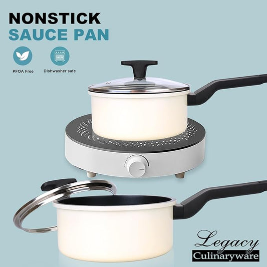Legacy Culinaryware Nonstick Sauce Pan with Lid,1.5Qt & 2Qt Set, PFOA Free,Kitchen Pots Induction Pot,Cream