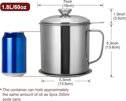 Tellshun Bacon Grease Container with Strainer 1.8 L / 60 oz Kitchen Catcher Food-grade Stainless Steel Cooking Oil Keeper with Lid and Easy-Grip Handle Suitable for Storing Frying Oil