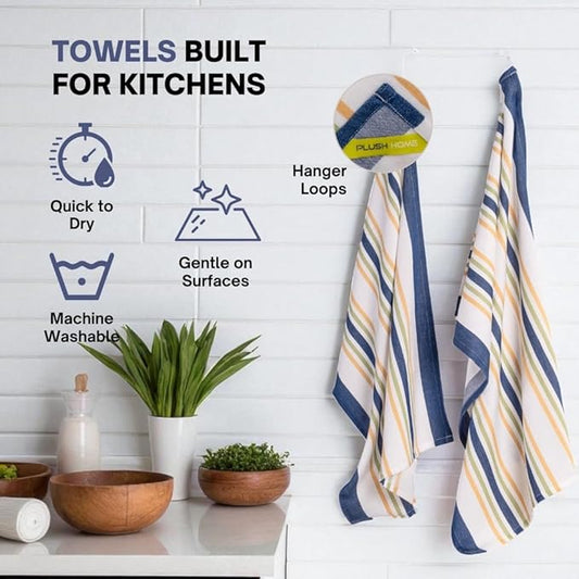 Kitchen Towel Set of 6, 100% Cotton Quick-Drying Absorbent Dish Towels & Tea Cloths, 20x30 Inch, Decorative Farmhouse Towels for Kitchen, Navy Blue Stripes