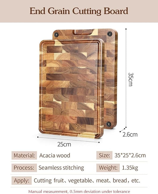 XINZUO Acacia Wood End Grain Cutting Board (13.8''L x 9.8''W x 1''T)-Wooden Chopping Board with Non-Slip Feet, Side Handles and Juice Groove
