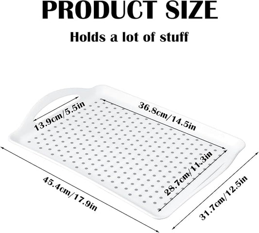 2 Pcs Large Rectangular Non Slip Serving Tray with Handles, Silicone Gripping Nubs Lap Food Trays for Eating, Dishwasher Safe Serve for Dinner Snack Fruit Dessert Beverage, Rectangular(White)