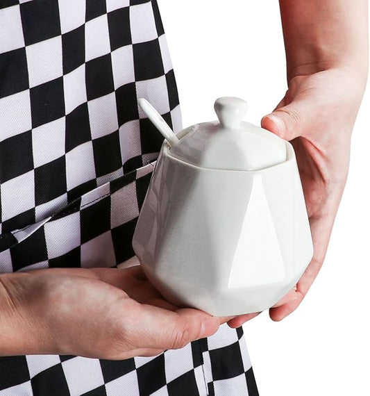 Ceramic Sugar Bowl with Lid and Spoon, Rhombus Porcelain Salt Storage Jar, White Seasoning Container for Home and Kitchen, 10 Ounces (Rhombus)