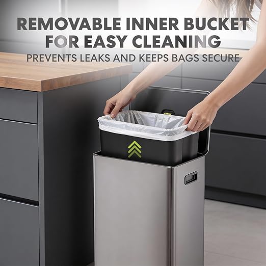 Simpli-Magic Infinity Edge 60 Liter / 16 Gallon Rectangular Hands-Free Extra Large Kitchen Step Trash Can, Soft-Close Single Lid Recycling Bin, Stainless Steel, Black, 79679