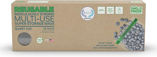 Reusable Food Storage Bags Designed & MFG by Smelly Proof, USA MADE, Dishwasher-Safe, Easy-To-Clean, NO PEVA & BPA FREE, Clear FLAT Large 3-mil Thick, 8.5" x 10", Quart Size Bags, 15-Bags