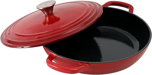 Flavehc Braiser Enameled Cast Iron Braiser 2.25 qt Braiser Pan with Lid Red Shallow Cast Iron Casserole Braiser Pan with Handels
