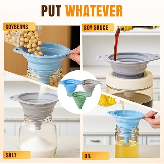 Kitchen Funnel Set 3 Pack, 2025 New Funnels for Kitchen Use Filling Bottles, Silicone Collapsible Funnel, Small Funnels for Filling Small Bottles, for Water Bottle Liquid Transfer (3PCS)