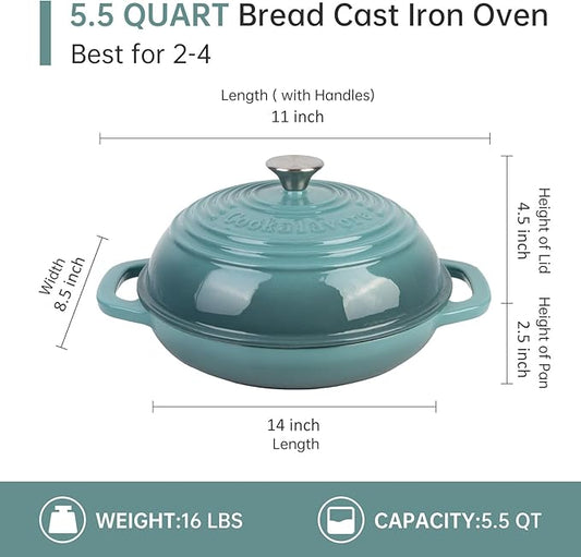 Fijxzct Premium Enameled Cast Iron Dutch Oven for Bread Baking | Non-Stick 5QT Oval Bread Oven with Lid | Perfect for Sourdough, Loaf, and Artisan Baking (Round Green, 5 QT)