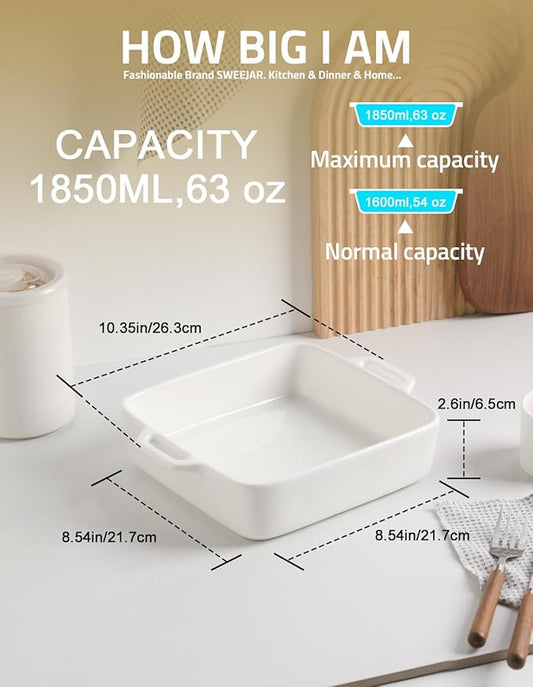 Sweejar 8x8 Baking Pan,Ceramic Casserole Dishes for Oven with Double Handles,2 QT Square Cake Baking Dish for Brownie,Lasagna,Casseroles,Family Dinner(White)