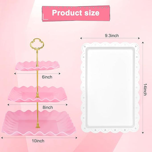 5 Pcs Dessert Display Stands, 2pcs Dessert Stands 3 Pcs Tray, Pink Dessert Display Stands, Treat Table Displays Set for Wedding Baby Shower Tea Party, Ease of Cleaning and Assembly