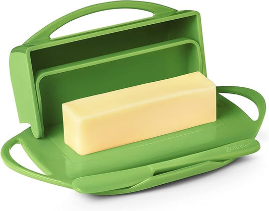 Butterie Flip-Top Butter Dish with Lid & Matching Knife, Holds 2 Sticks/European Butter, No-Mess Butter Holder, Shatterproof, Dishwasher Safe, Green