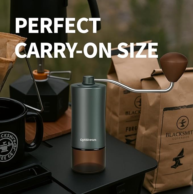 Optistream 6-Burr Manual Coffee Grinder – Easy-Use CNC420 High-Carbon Steel, Gray Aluminum Body & Glass Jar, 25 g Capacity, Slim design for travel