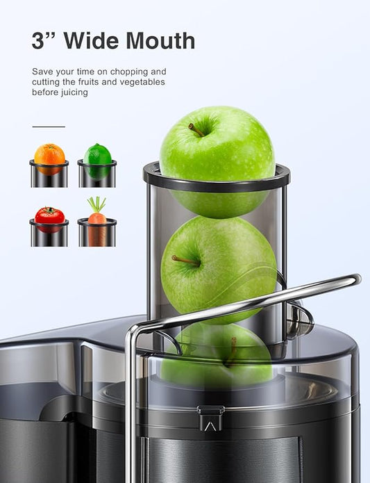 QCen Juicer Machine, 500W Centrifugal Juicer Extractor with Wide Mouth 3” Feed Chute for Fruit Vegetable, Easy to Clean, Stainless Steel, BPA-free (Metallic Black)