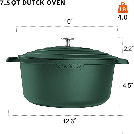 INSETFY Large Dutch Oven Pot with Lid-7.5QT Cast Aluminum Oven Pot with Two Handles Lightweight for Bread Baking Braising and Roasting(Green)