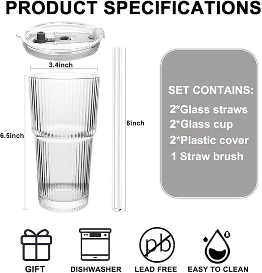 Ribbed Drinking Glasses ,with Lids and Glass Straws Glass Cup,19oz Glass cup,6 Pack Old Fashioned Glasses,Thickened glass for iced coffees,cocktails and juices, perfect for families and parties (2)