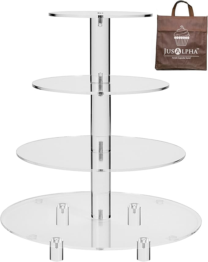 Jusalpha Large 4 Tier Cupcake Stand,Acrylic Round Cake Stand Dessert Tower Tea Party Serving Platter, Cupcake Tree Wedding Party Décor, Stand with Rod Feet (4RF)