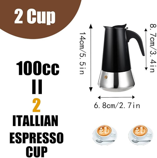 2 Cup Stovetop Espresso Maker Stainless Steel Moka Pot Stove Top Percolator Italian Coffee Makers Capable Mocha Greca Machine Cafe Classic Induction Cookers for Home and Camping 100ml 3.3oz