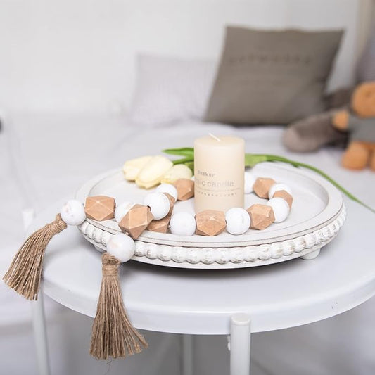 HPC Decor 12in Round Wood Tray - White, Distressed, Farmhouse Rustic - Decorative Tray for Living Room, Coffee Table, Kitchen Table or Farmhouse Serving Tray