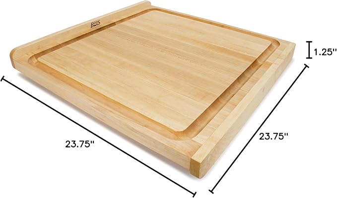 John Boos Countertop Series Rectangular Wooden Maple Cutting Board 23.75”x23.75” – 1.25” Thick, 26-lb Reversible Butcher Block with Juice Groove, Counter Lip & Edge-Grain – Made in the USA