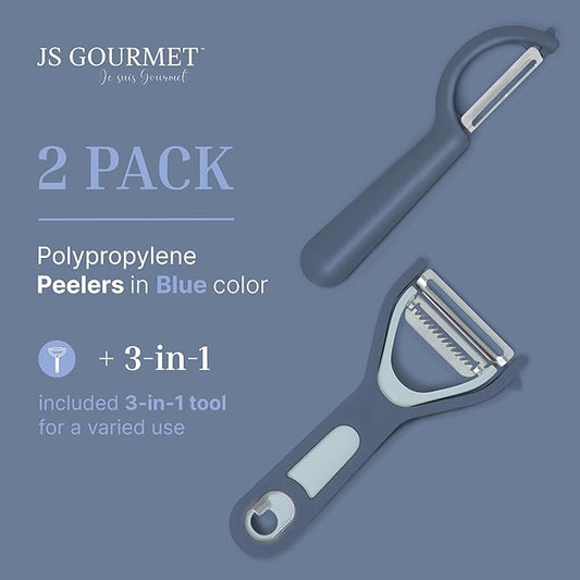 Vegetable Peeler 2-Piece Set – Swivel Cutter and Julienne Peeler with Bottle Opener and Built-in Eye Remover – Stainless Steel Blade with Comfortable Handle – Kitchen Tools & Accessories – Blue