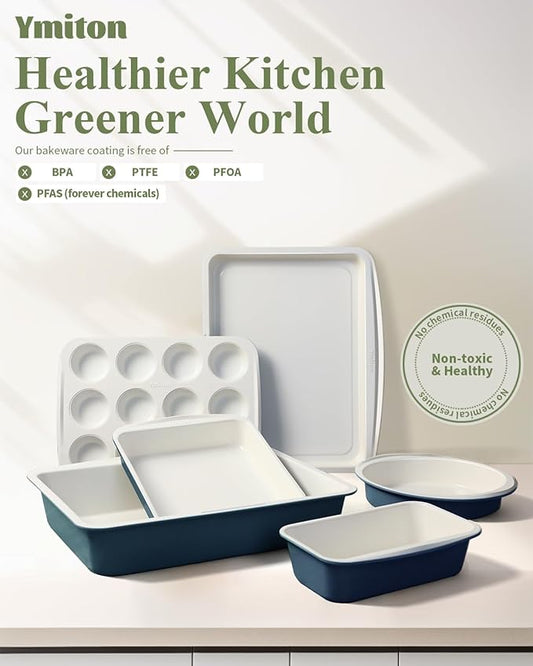 Ceramic Nonstick Baking Pans Set, Non Toxic 30 PCS Stackable Bakeware Sets, 550°F Oven Safe Baking Sheet & Pans, Warp-Free, Dishwasher Safe, PTFE/PFOA/PFOS-Free (Blue)