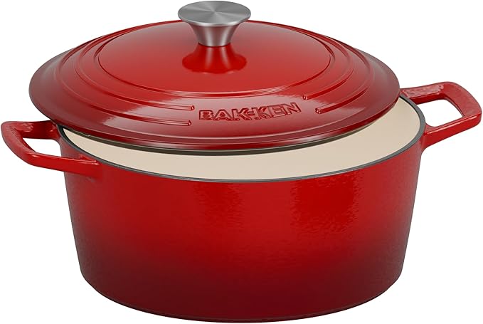 Bakken Enameled Cast Iron Dutch Oven Pot, 6QT Dutch Oven for Bread Baking, Braising & Roasting, Kitchen & Campfire Cooking, Moisture-Locking Lid, Oven Safe Up To 500°F, Works on All Cooktops, Red