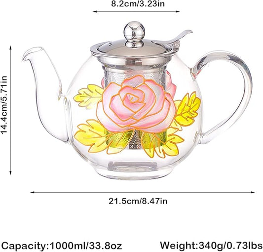 1000ml/35oz Hand Painted Pattern Glass Teapot For Stovetop,Tea Pot For Loose Tea,Glass Tea Kettle With Infuser (Rose)