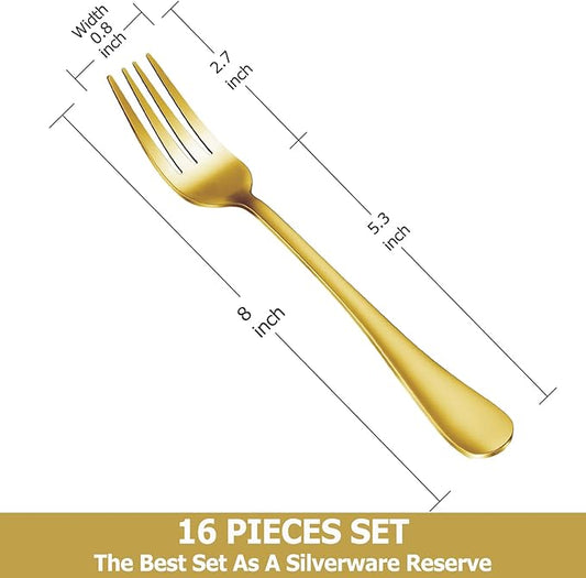 16 Piece Gold Dinner Forks Set, Food-Grade Stainless Steel Silverware Forks, Cutlery Fork, Metal Fork for Home, Kitchen or Restaurant, Mirror Polished, Dishwasher Safe - 8 Inch