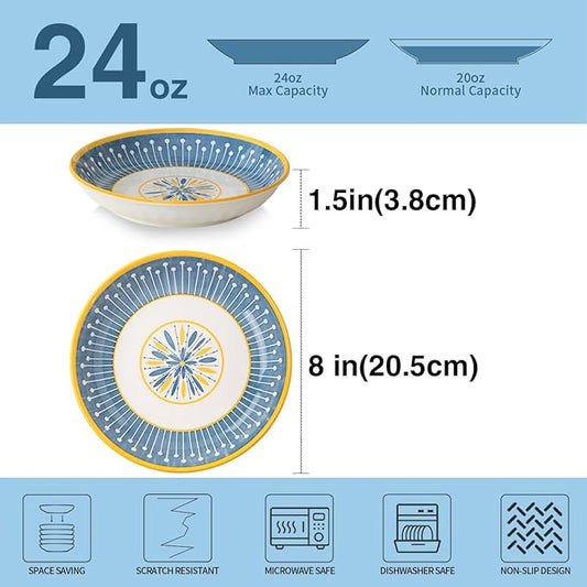 Yeacccng Pasta Bowls Set of 4, 24 Oz Ceramic Salad Bowls, 8 Inch Shallow Serving Bowls for Pasta, Salad, Oatmeal, Fruit, Easy to Clean, Dishwasher & Microwave Safe, Scratch-Resistant, Lead-Free