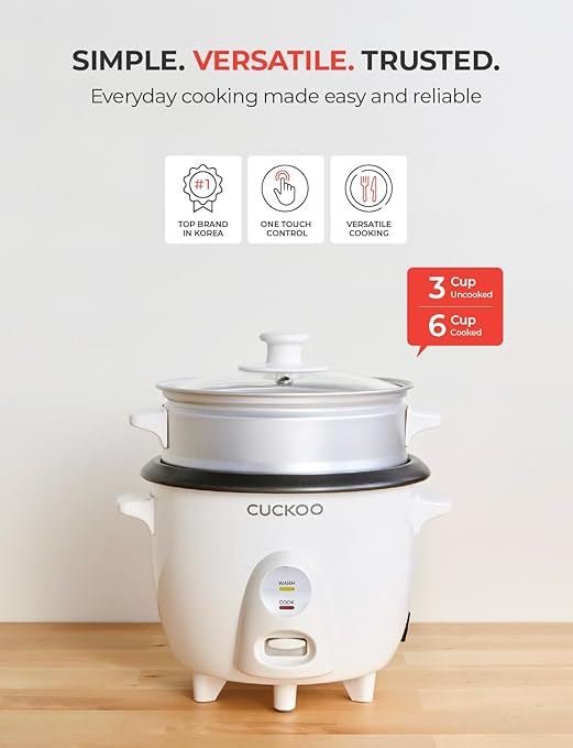 CUCKOO One Touch Rice Cooker 3-Cup (Uncooked) / 6-Cup (Cooked), Mini Rice Cooker & Warmer with Steamer Tray, Versatile Grain Cooker, Soup Maker, Auto Keep Warm, White (CR-0301C)