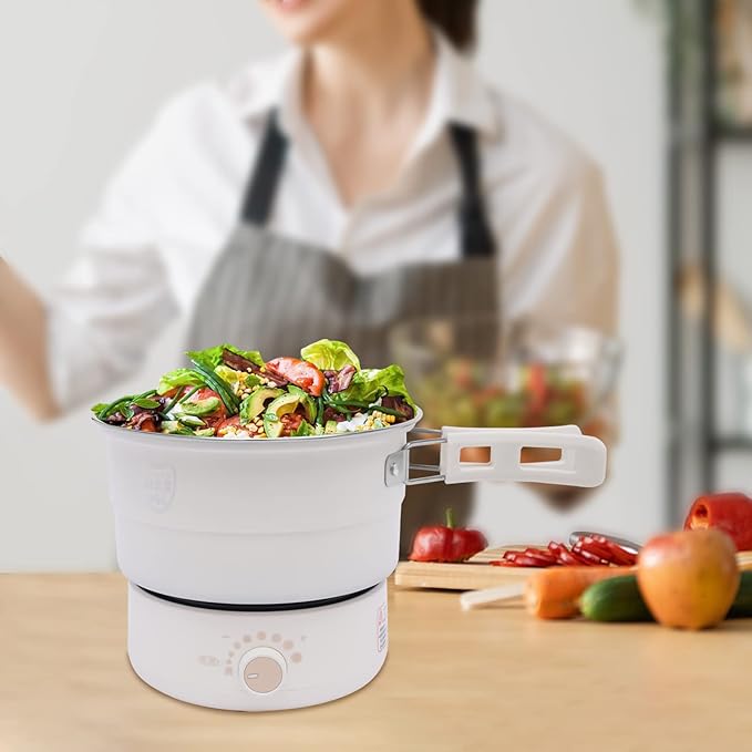 Portable Electric Hot Pot 500W 1.6L with Foldable Handles Power Adjustment Non-stick Frying Pan Mini Hot Pot Multi-Functional Ramen Noodle Cooker for Noodles Steak Cooker (White)