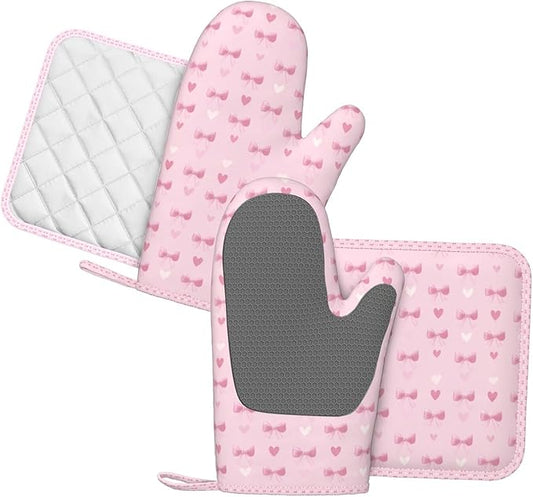 Oven Mitts and Pot Holders Heart Pink Bow Pattern Silicone Kitchen Accessories Set of 4 Heat Resistant Long Gloves Potholder Non-Slip Grip for Chef Cooking Baking Grilling BBQ