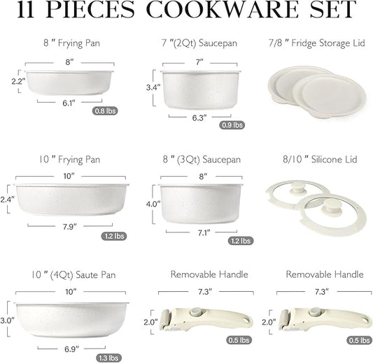 GiPP 11Pcs Pots and Pans Set Non Stick, Cookware Sets Nonstick Detachable Handle, Induction Kitchen Set Removable Handle, RV Cookware set, Oven Safe