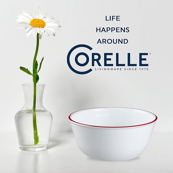 Corelle Vitrelle Glass 6-PC Bowls Set, For Soup Cereal & Dessert, Chip-Resistant & Lightweight Bowl Dinnerware Set, Red Banded 28 OZ