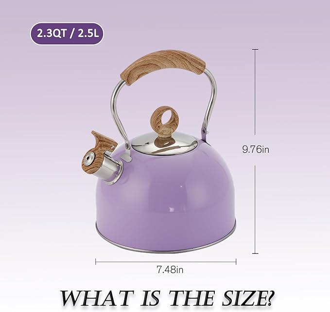 Stove Top Whistling Tea Kettle, 2.3 Quart Purple Stainless Steel Teapot for Boiling Water Coffee or Milk, Tea Pot with Ergonomic Handle Suitable for All Stovetops (Purple), 2.5L, VO-SH05