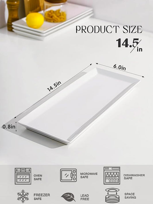 Kanwone White Serving Platters, Porcelain Serving Trays for Parties, Large Rectangular Plates - 14.5 Inch, Set of 4