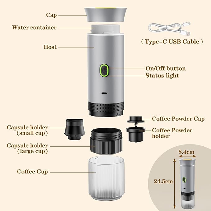 Lmozim Portable Coffee Maker, Espresso Machine for camping, Travel Coffee Maker with USB-C, 3-in-1 Small Espresso Machine with Ground Coffee & Capsules (NS&DG) for RV, Hiking, Office(Silver)
