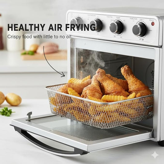 HealSmart 4-in-1 Air Fryer Toaster Oven Combo, 26QT Large Countertop Convection Oven with Bake, Broil, Roast & Dehydrate, Includes 12" Pizza Pan & Fry Basket, Stainless Steel, Energy-Efficient
