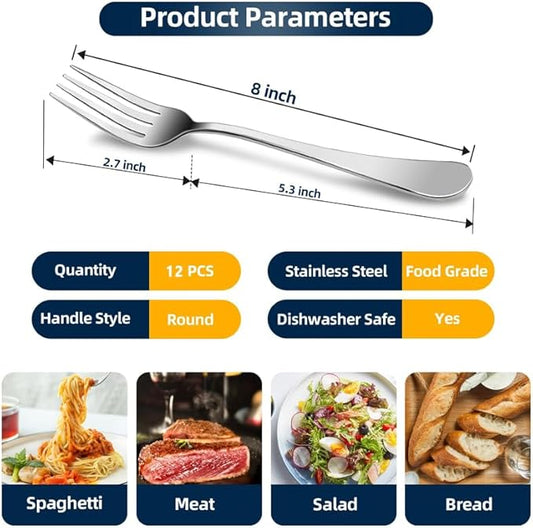 12 Piece Dinner Forks, 8 Inch, Top Food Grade Extra-Fine Stainless Steel Silverware Forks,Silverware Set, Dishwasher Safe (Silver)