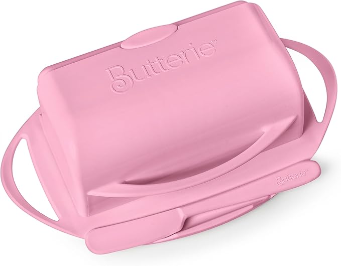 Butterie Flip-Top Butter Dish with Lid & Matching Knife, Holds 2 Sticks/European Butter, No-Mess Butter Holder, Shatterproof, Dishwasher Safe, Pink