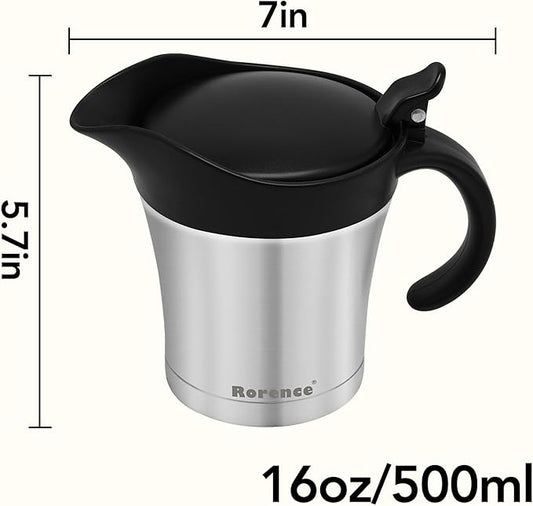 Rorence Stainless Steel Double Insulated Gravy Boat With Lid/Sauce Jug 16 Ounce Capacity