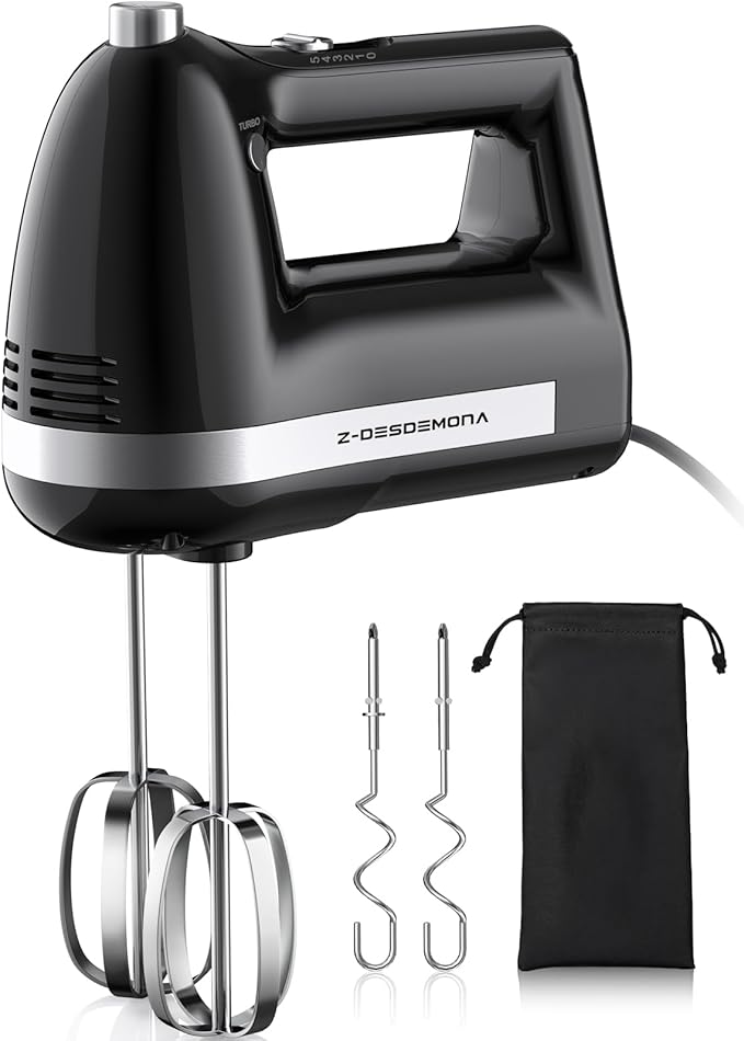 Z-DESDEMONA Electric Hand Mixer, Powerful 300W Hand Mixer Electric Handheld with 304 Beaters, Dough Hook,Hand Held Mixer with Turbo for Baking Cakes, Eggs, Cream Food(Black)