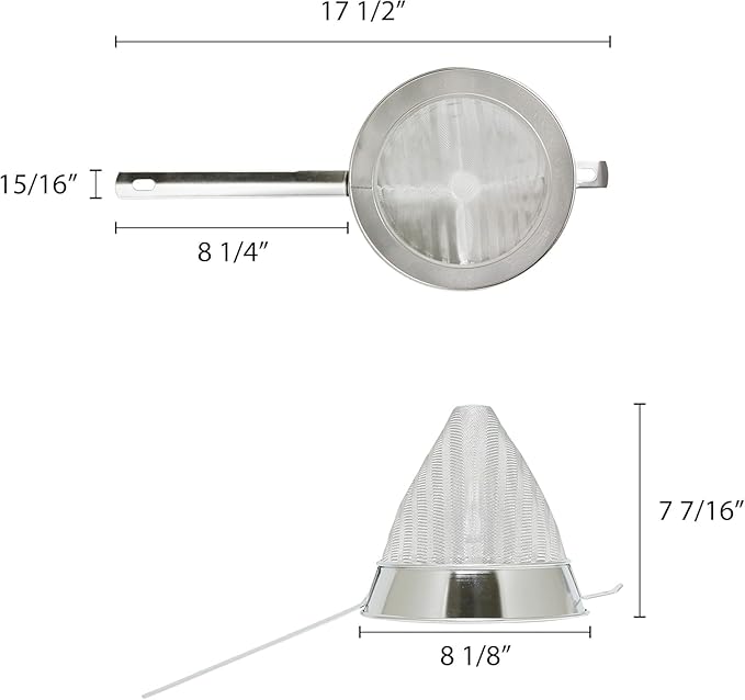 TrueCraftware- 1-1/2 qt. Stainless Steel 8" Bouillon Strainer Fine Mesh- Cone Shaped Strainer Food Strainer Juice Strainer Kitchen Tools Food Colander For Straining Seeds Beans Sauces & More