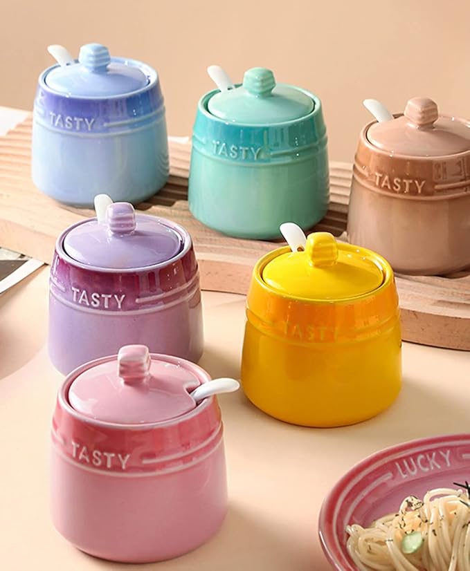 Colourful Ceramic Spice Jar Seasoning Box Condiment Pot Sugar Bowl with Lid Spoon-Purple