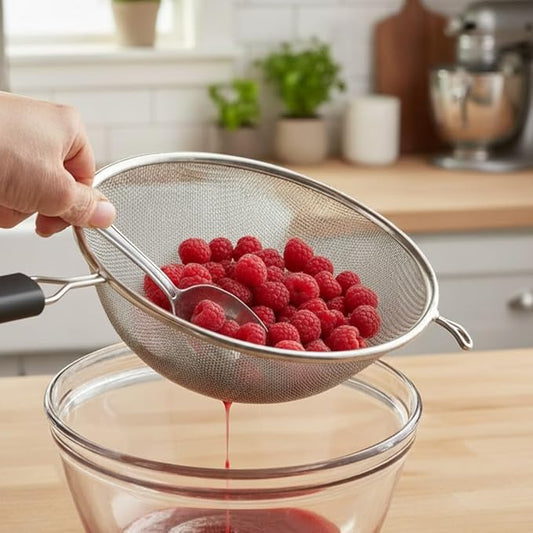 TrueCraftware- 8-Inch Single Medium Mesh Strainer Stainless Steel 6-1/2" Handle Length Black Plastic Handle- Kitchen Utensil Food Strainer Skimmer Spoon Cooking Sieve Sifters Pasta Fruits Vegetable