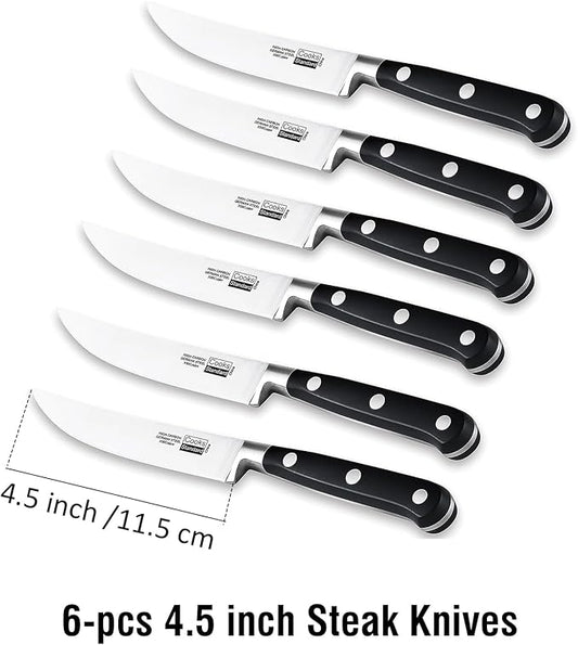 Cooks Standard Steak Knives Set 6-Piece, High Carbon Stainless Steel Classic Sharp Kitchen Steak Knife, Ergonomic Handle,Black