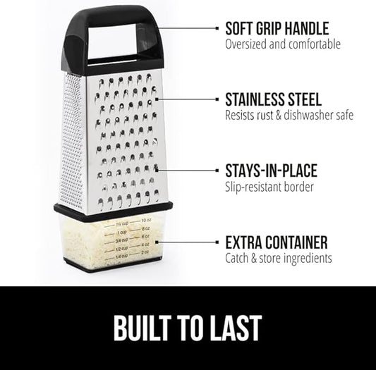 GORILLA GRIP 4-Sided Stainless Steel Cheese Grater With Container, 100% BPA-Free Box Grater, Slip Resistant Base and Handle, Grate Parmesan, Hard Cheeses, Shred Vegetables, Dishwasher Safe, Black