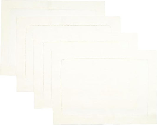 D'Moksha Homes Linen Placemats Set of 4 - Classic Hemstitch Ivory Placemats 14 x 19 Inch - 100% Pure Linen Table Mats for Valentines, Spring, Easter - Handcrafted and Machine Washable